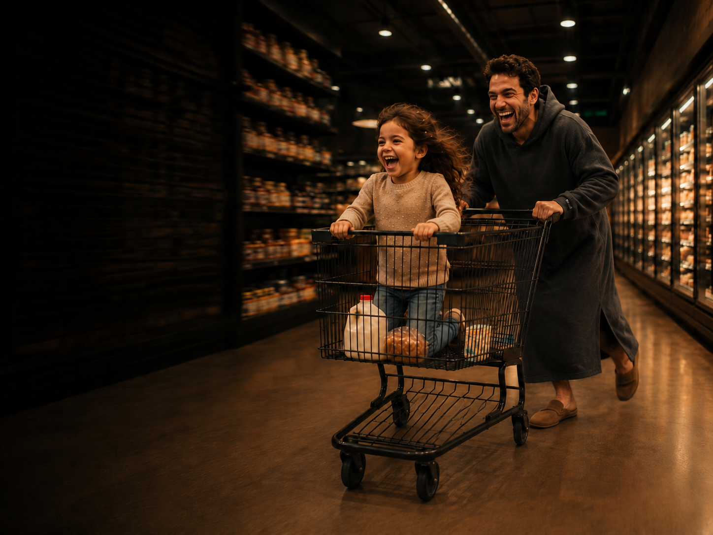 A man in a Bromuu grocery shopping with his toddler in the Off-Duty Uniform